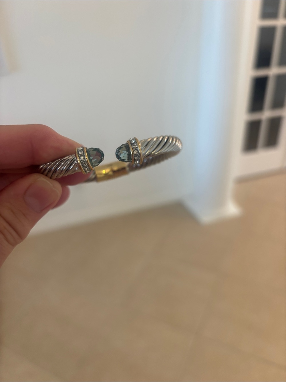 Silver-Tone Twisted Cable Cuff Bracelet with Blue Crystal Ends